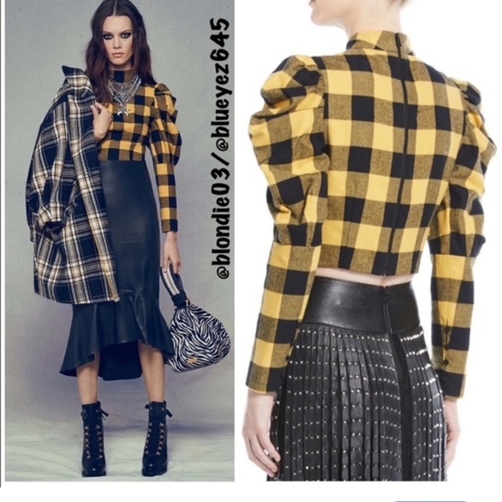 Alice + Olivia “Brenna” check puff sleeve top UK 12